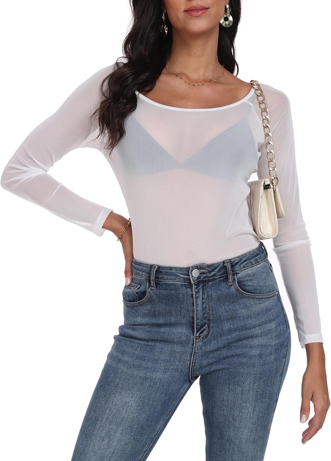 Womens Mesh Tops Long Sleeve Sheer Shirts Fitted Crewneck See Through Sexy Top Clubwear Party Club Night Blouses
