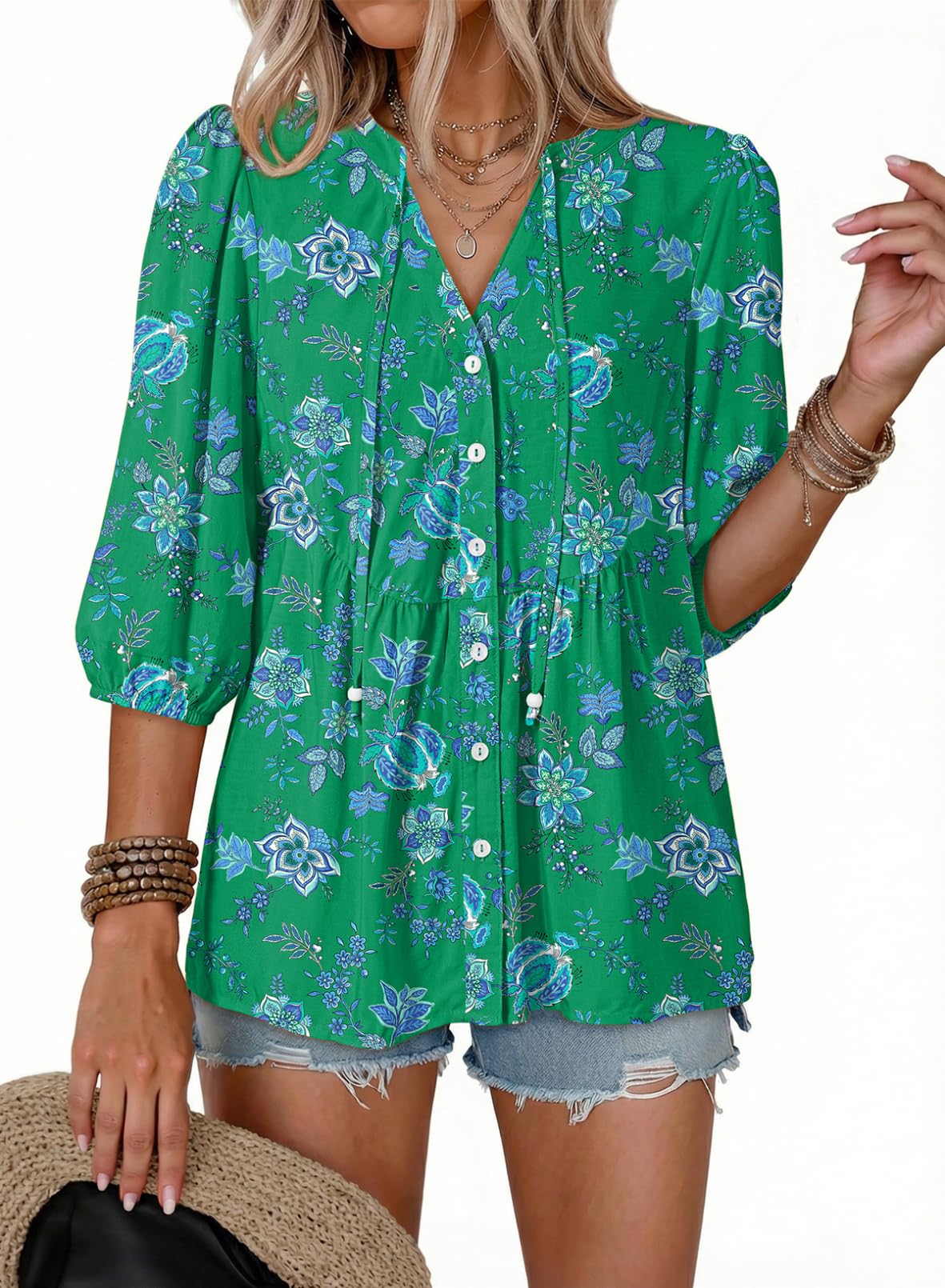 Dokotoo Womens Tops Boho Button Down V Neck Peplum Babydoll Blouses Shirts