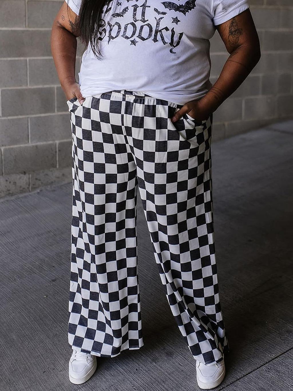 IWOLLENCE Women's Casual Loose Checkered Wide Leg Pants High Waist Straight Lounge Y2K Gingham Trousers