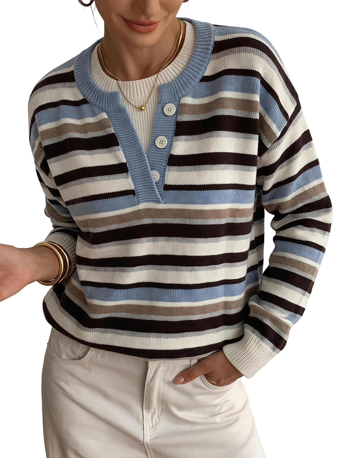 SOLY HUX Pullover Henley Sweaters for Women Long Sleeve Business Casual Top