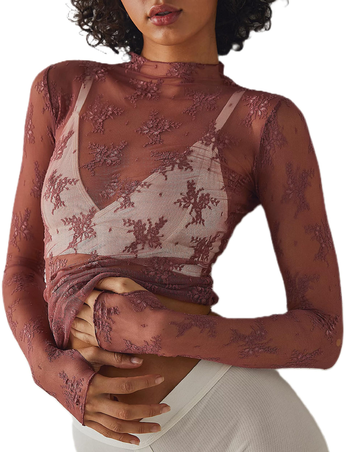 KMBANGI Women's Mesh Lace Long Sleeve Top Mock Neck Sheer Layering Tops