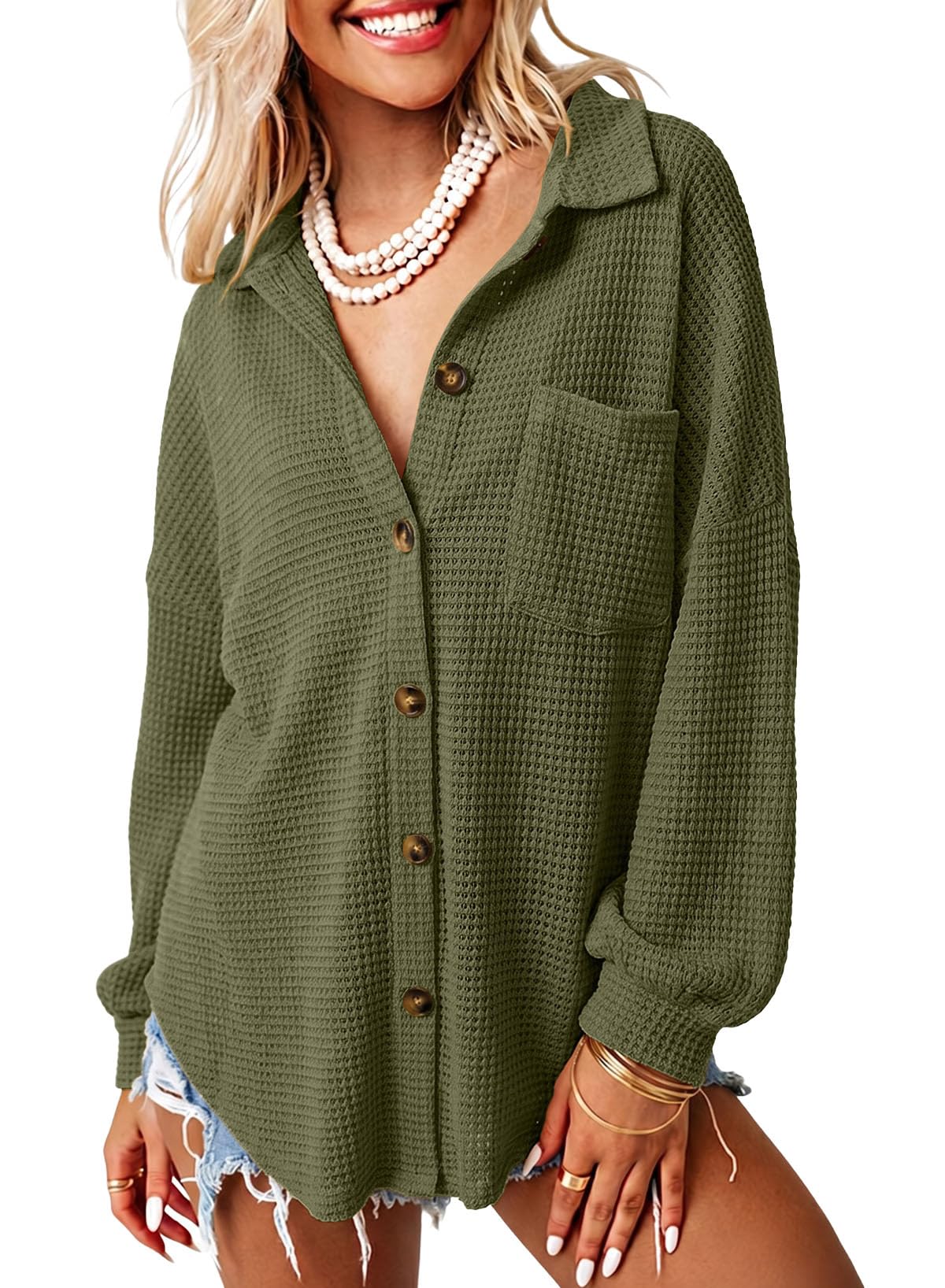 Dokotoo Womens Waffle Knit Shacket Jacket Casual Button Down Shirts Tops