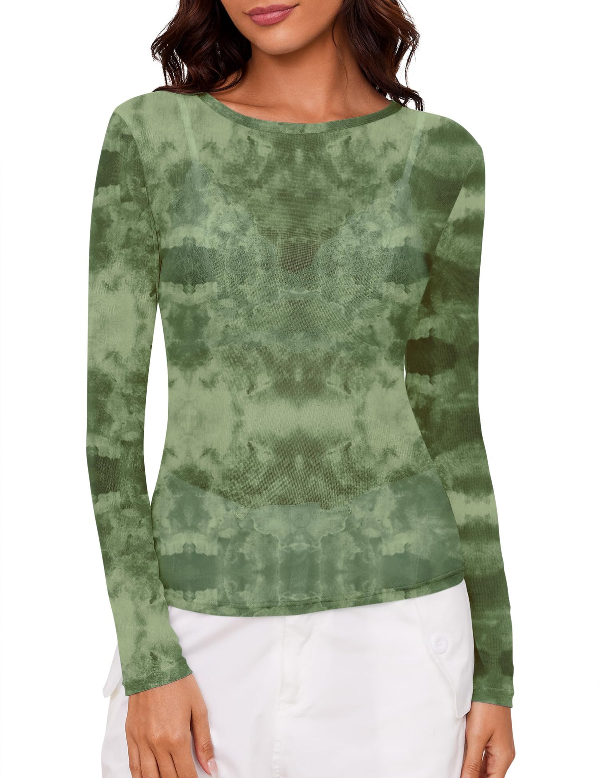 AKEWEI Womens Mesh Long Sleeve Tops Crew Neck Sexy See Through Tee Shirts Party Club Night Lace Blouse