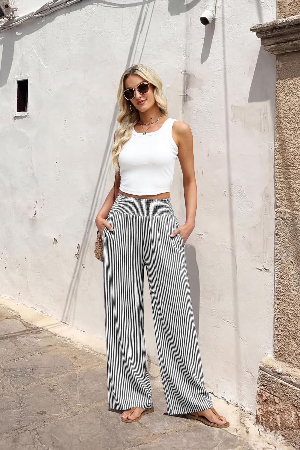 Sampeel Wide Leg Pants Woman High Waist Trousers with Pockets Casual Lounge
