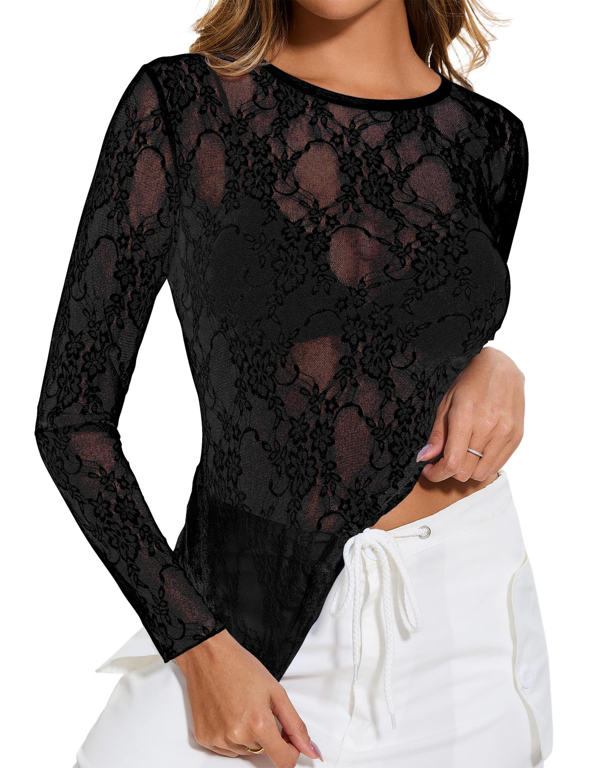 AKEWEI Womens Mesh Long Sleeve Tops Crew Neck Sexy See Through Tee Shirts Party Club Night Lace Blouse