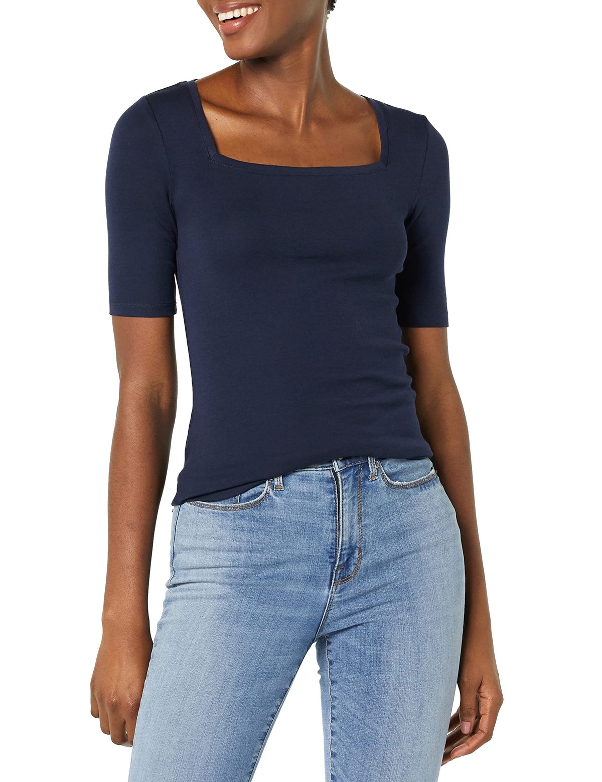 Amazon Essentials Women's Slim Fit Half Sleeve Square Neck Cotton Modal T-Shirt