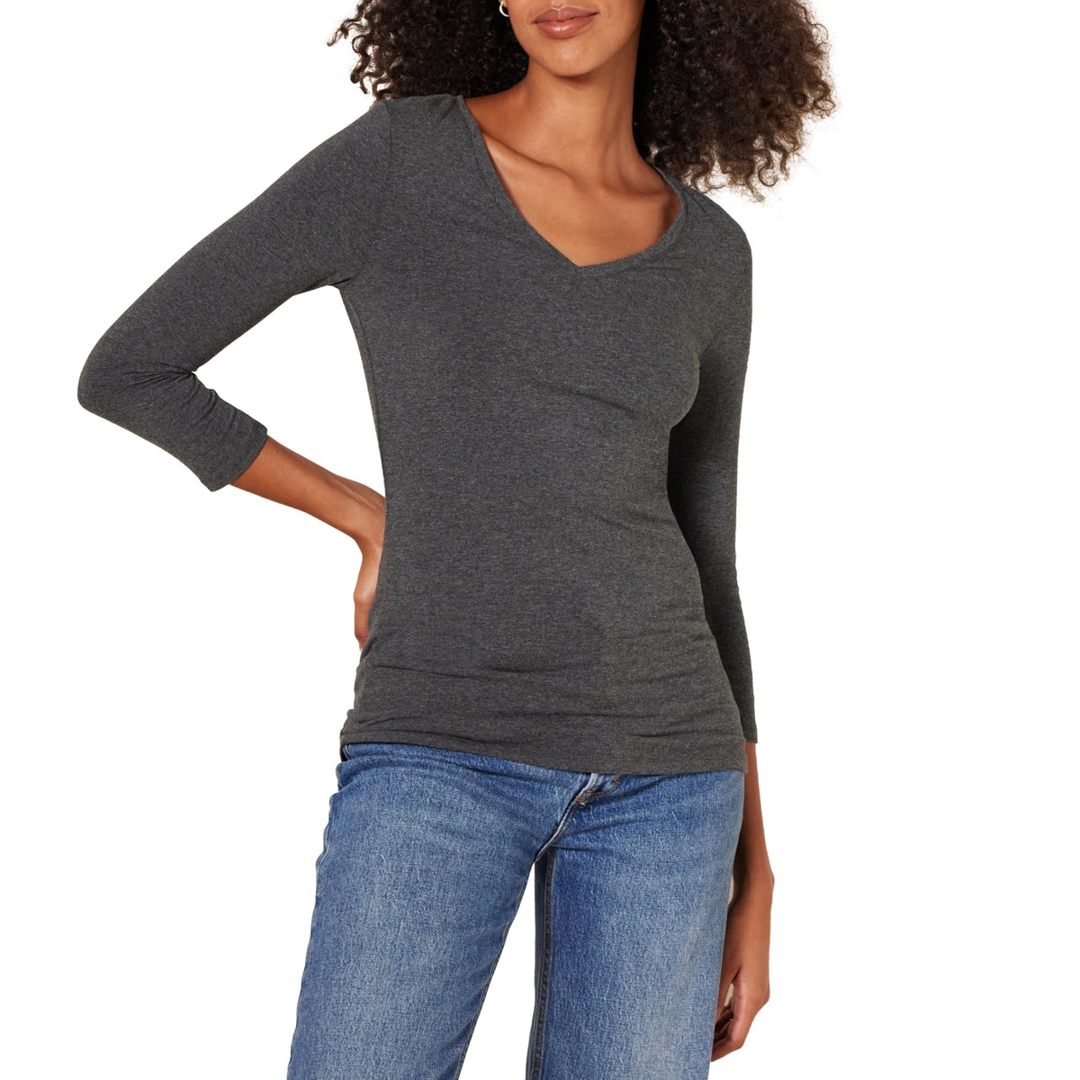 Amazon Essentials Women's Regular-Fit 3/4 Sleeve V-Neck Cotton Modal T-Shirt (Available in Plus Size)