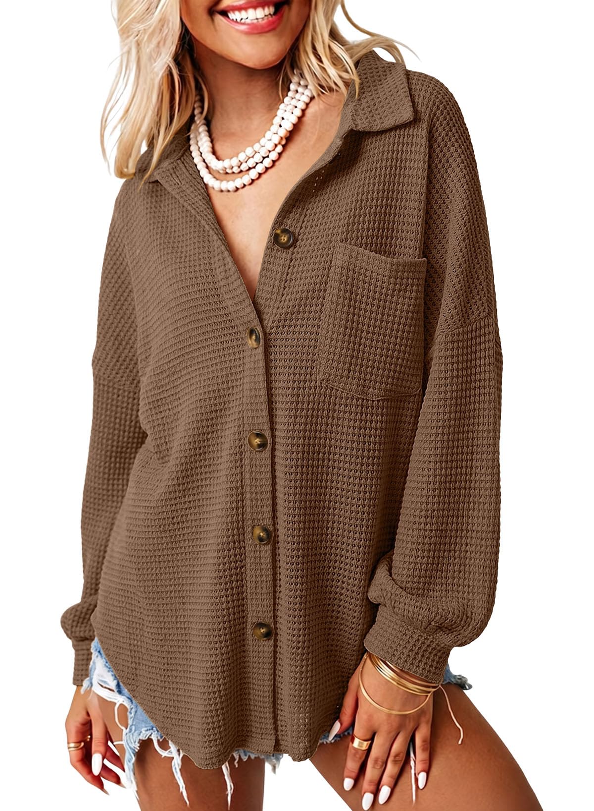 Dokotoo Womens Waffle Knit Shacket Jacket Casual Button Down Shirts Tops