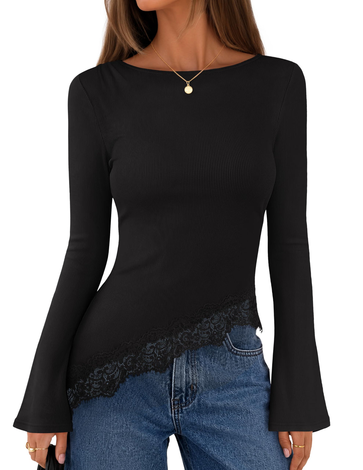MEROKEETY Women's Fall Asymmetrical Lace Boat Neck Long Sleeve Ribbed Tops