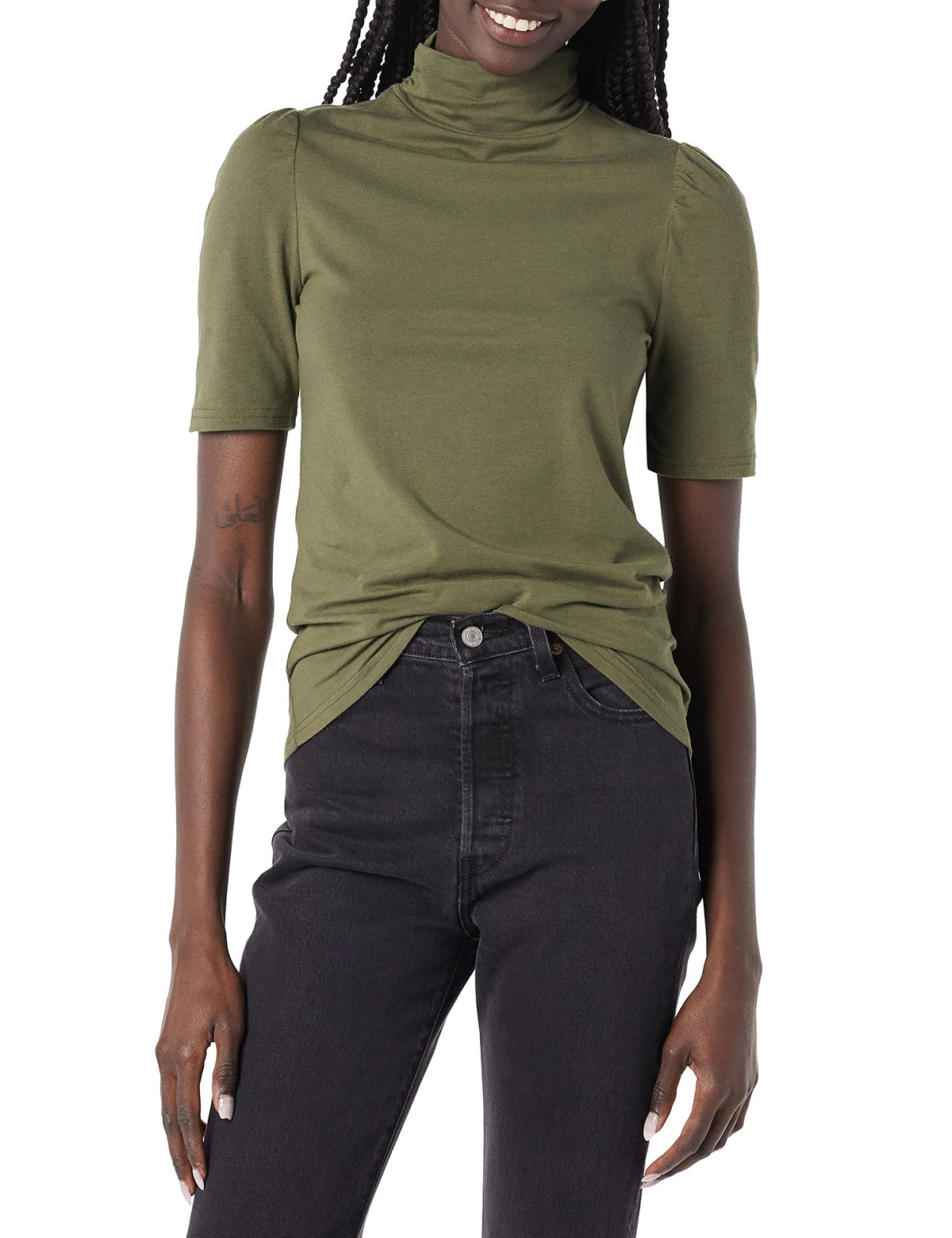 Amazon Essentials Women's Cotton Modal Draped Puff Sleeve Turtleneck Top, Navy, Regular Fit