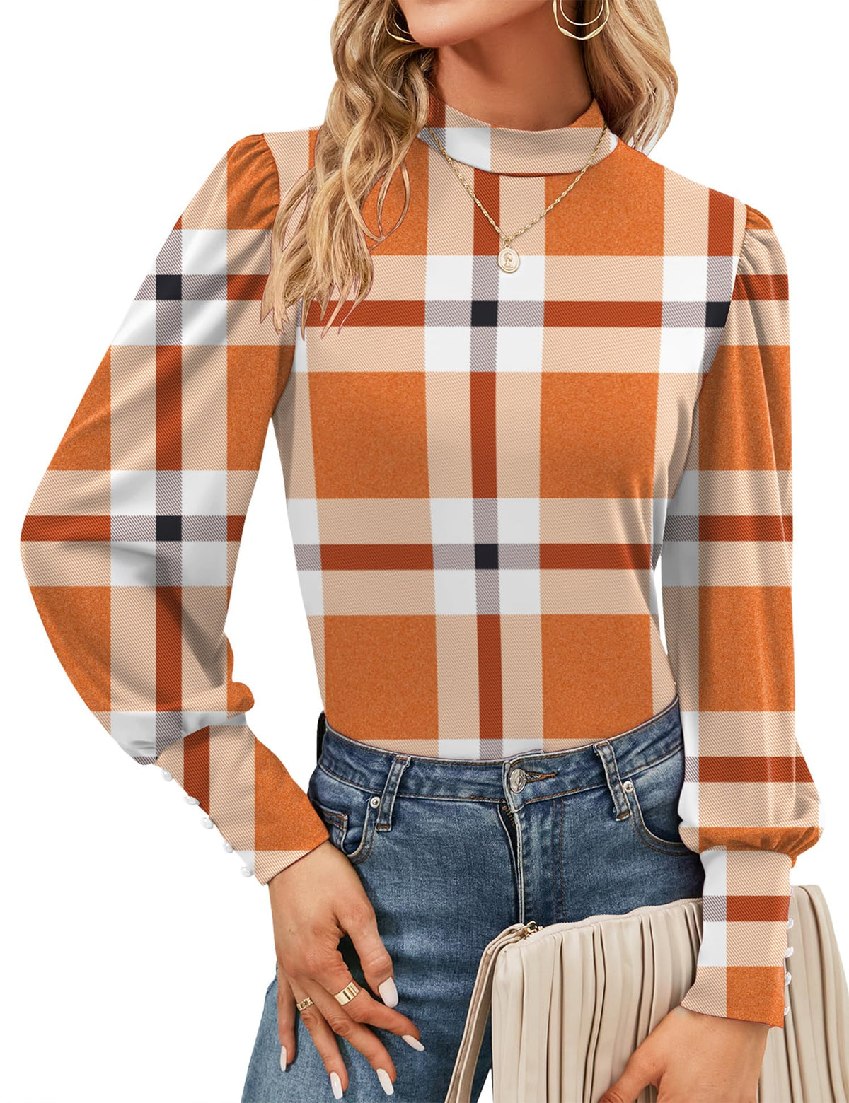 Mock Neck Tops for Womens Turtleneck Puff Long Sleeve Shirts Blouses