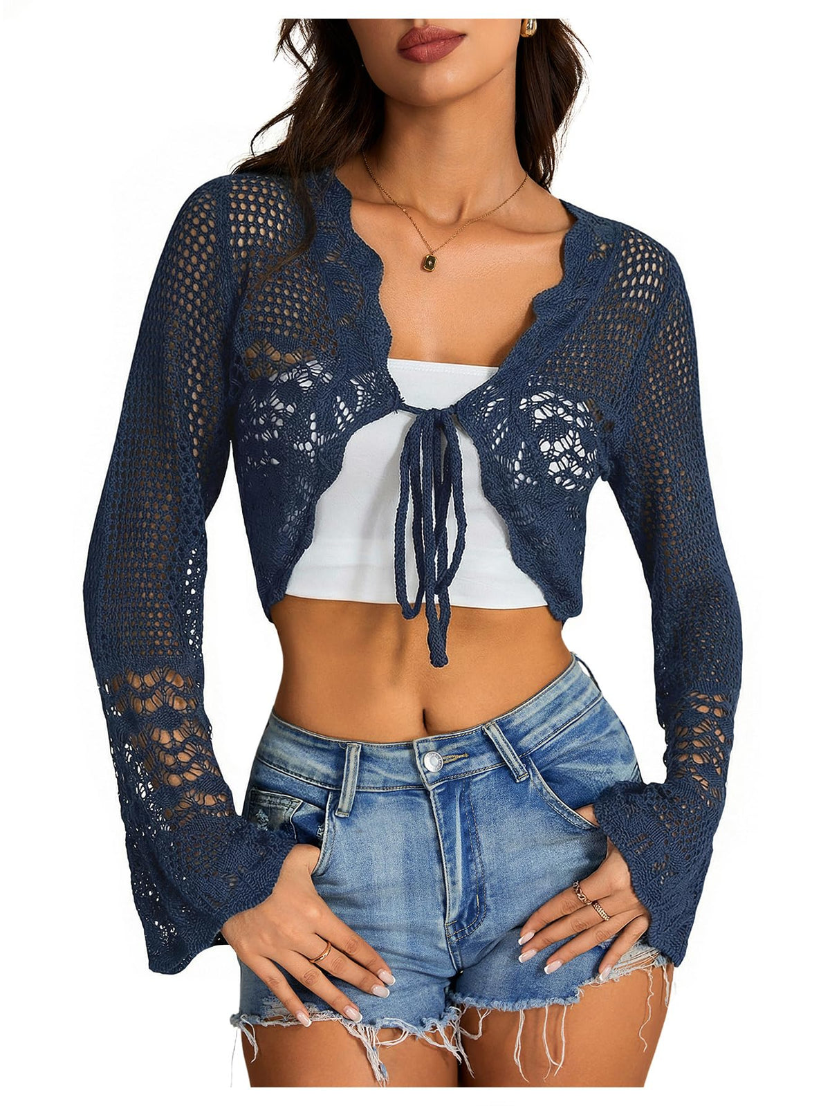 OYOANGLE Women's Crochet Tie Front Cardigan Sweater Bolero Shrug