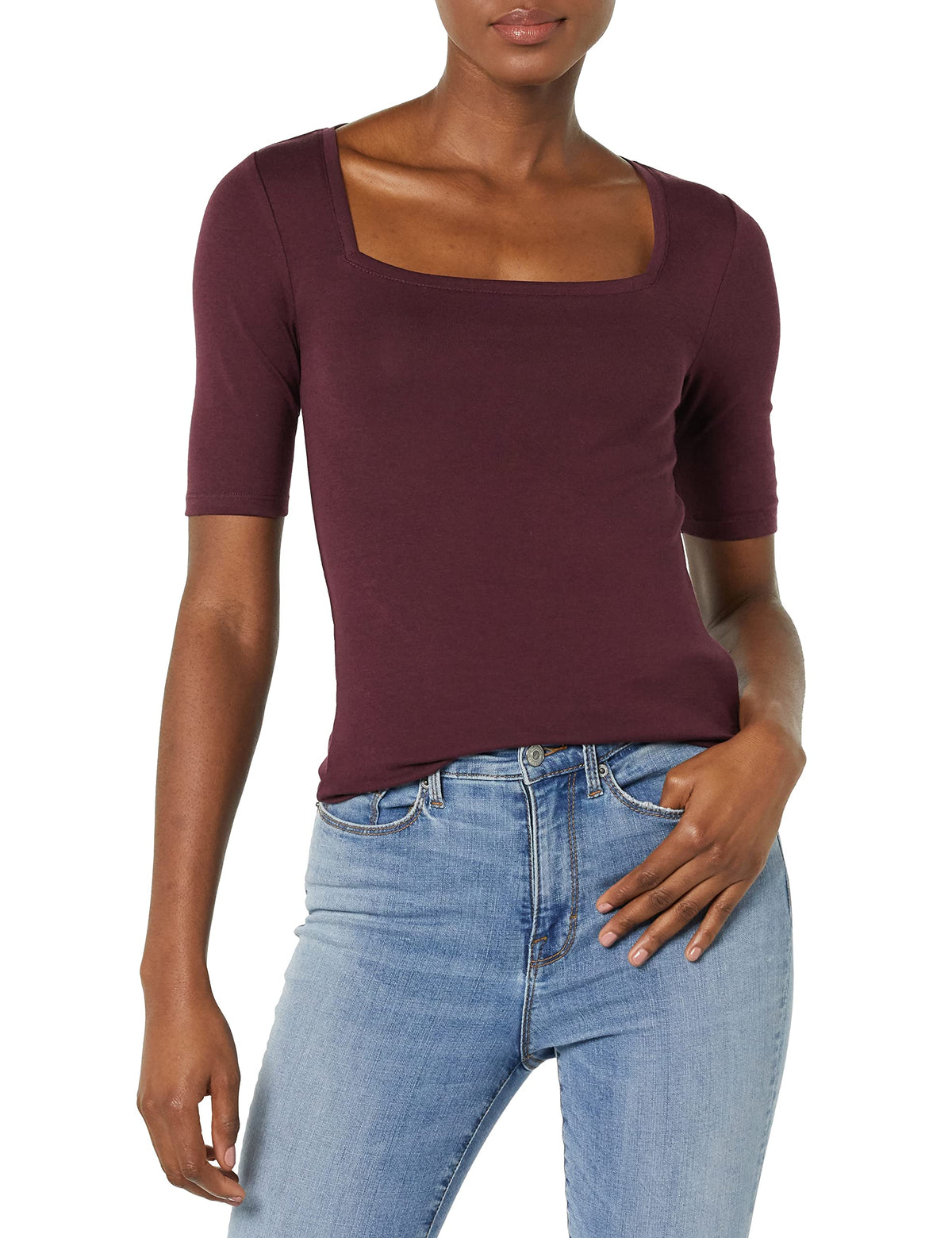 Amazon Essentials Women's Slim Fit Half Sleeve Square Neck Cotton Modal T-Shirt
