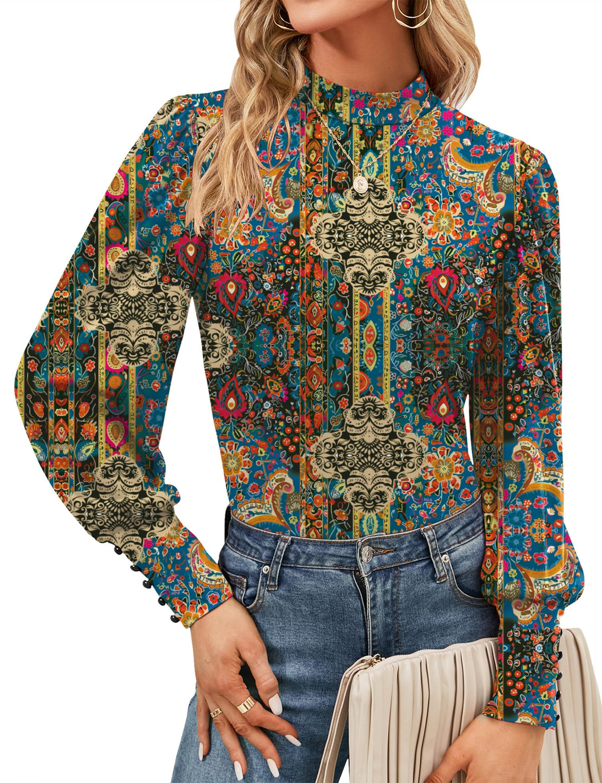 Mock Neck Tops for Womens Turtleneck Puff Long Sleeve Shirts Blouses