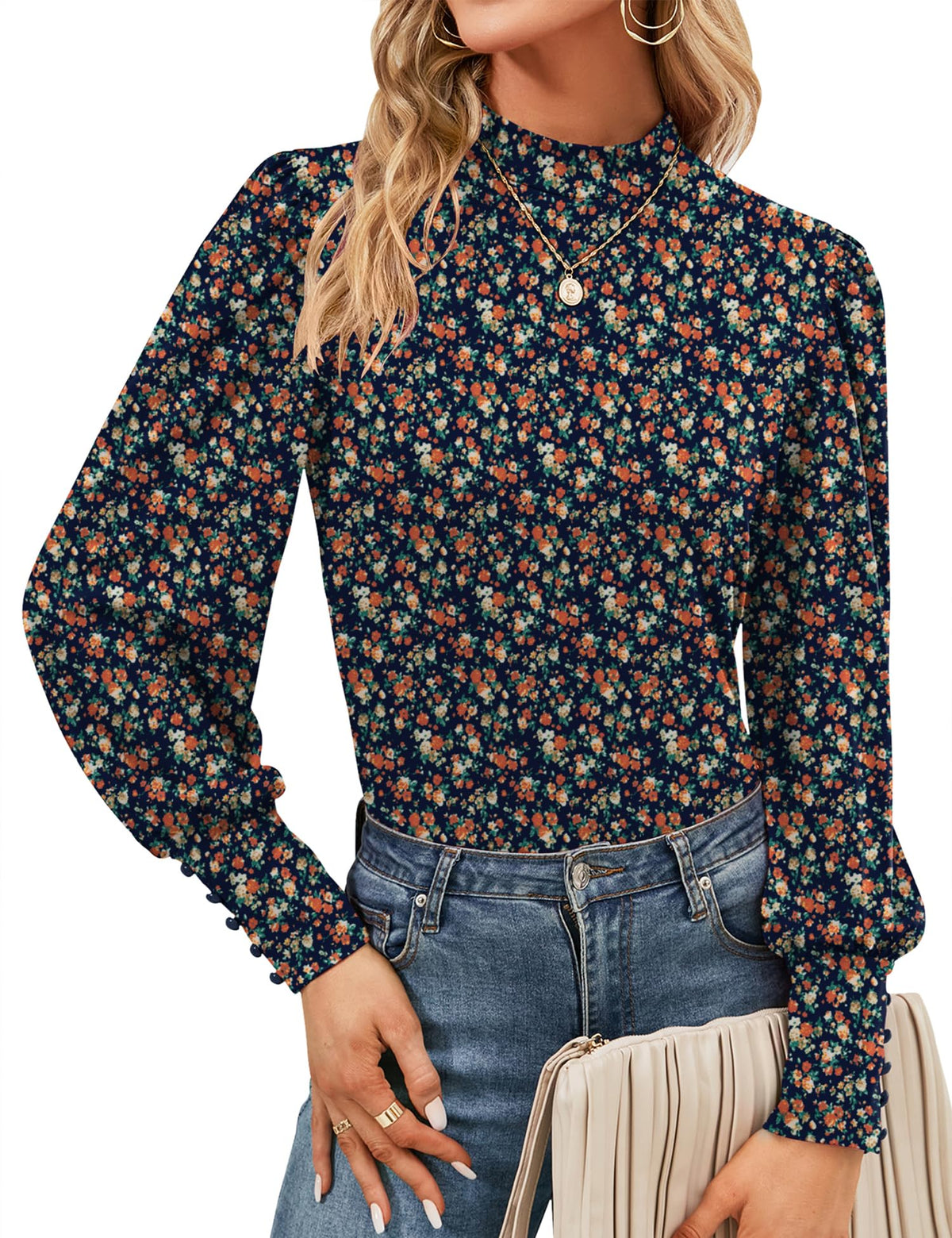 Mock Neck Tops for Womens Turtleneck Puff Long Sleeve Shirts Blouses