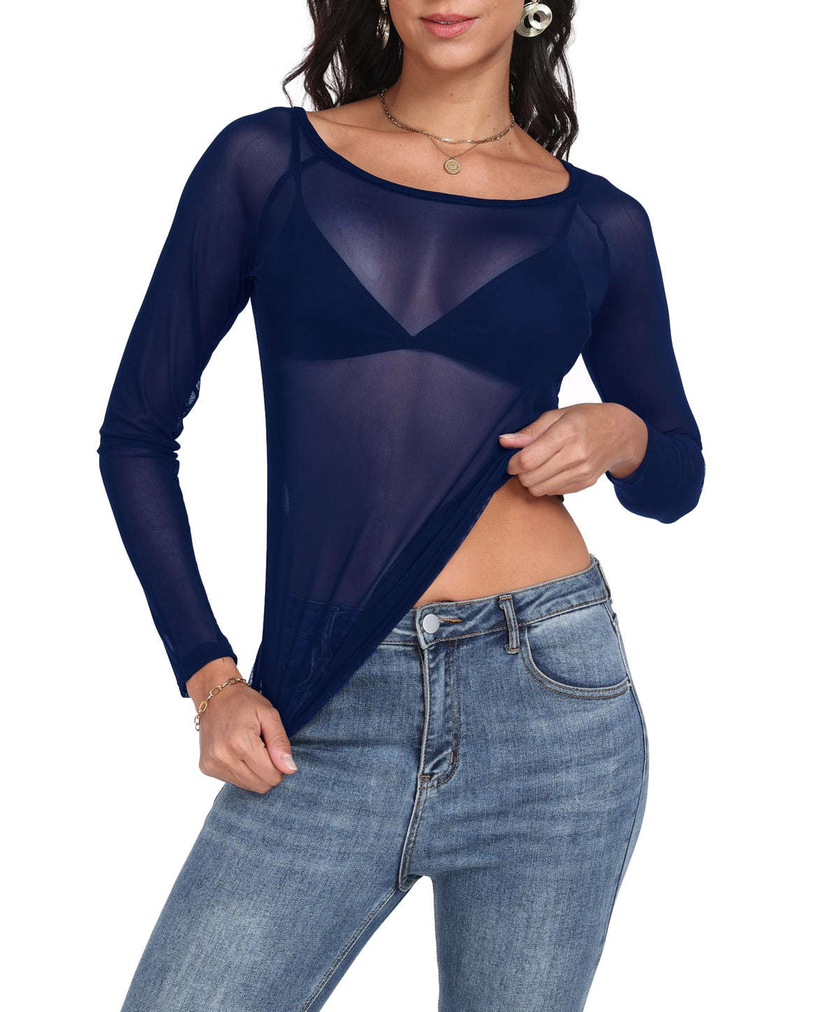 Womens Mesh Tops Long Sleeve Sheer Shirts Fitted Crewneck See Through Sexy Top Clubwear Party Club Night Blouses