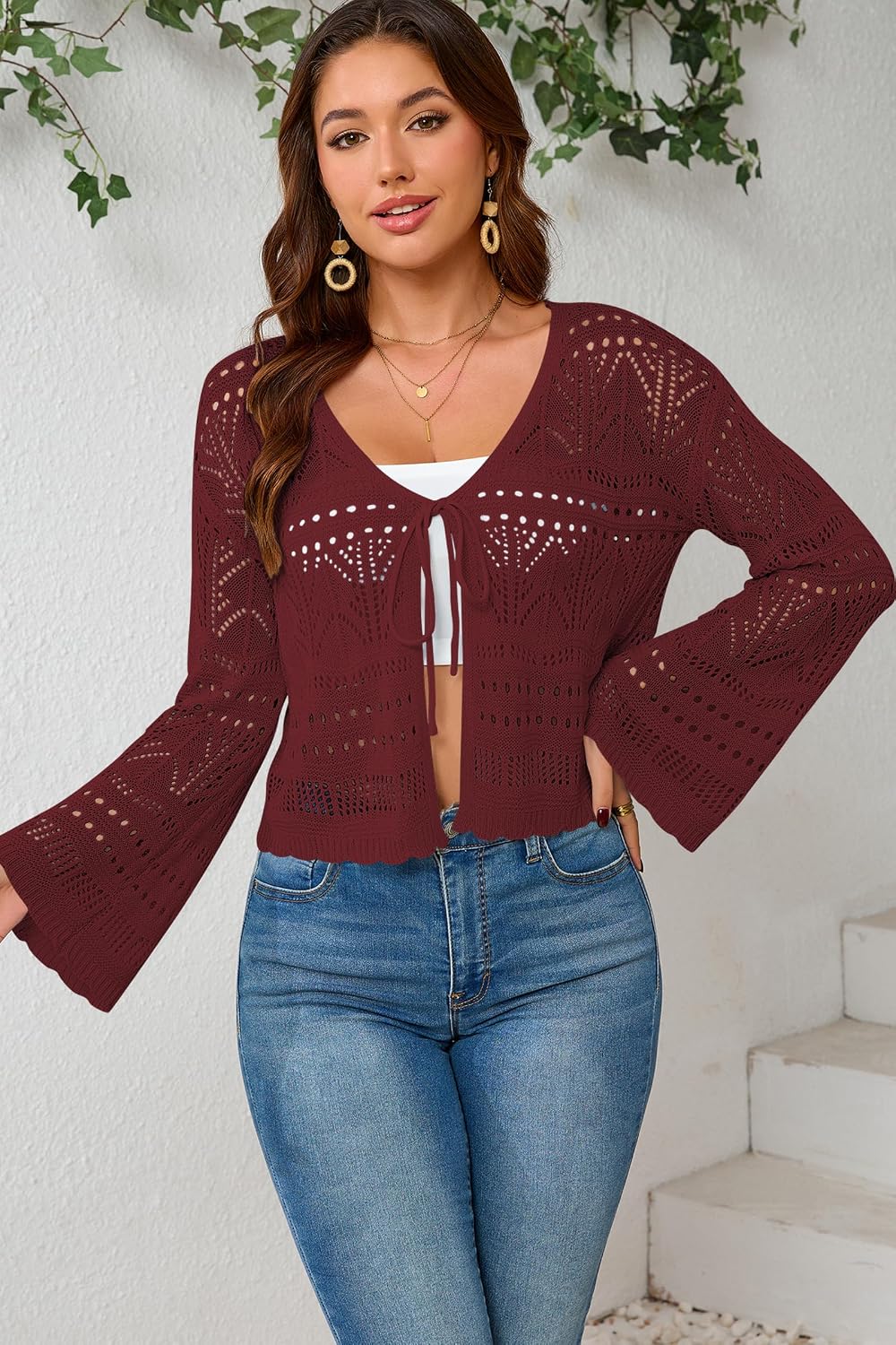 Cakulo Womens Crochet Cropped Cardigan Tie Front Shrug Sweater
