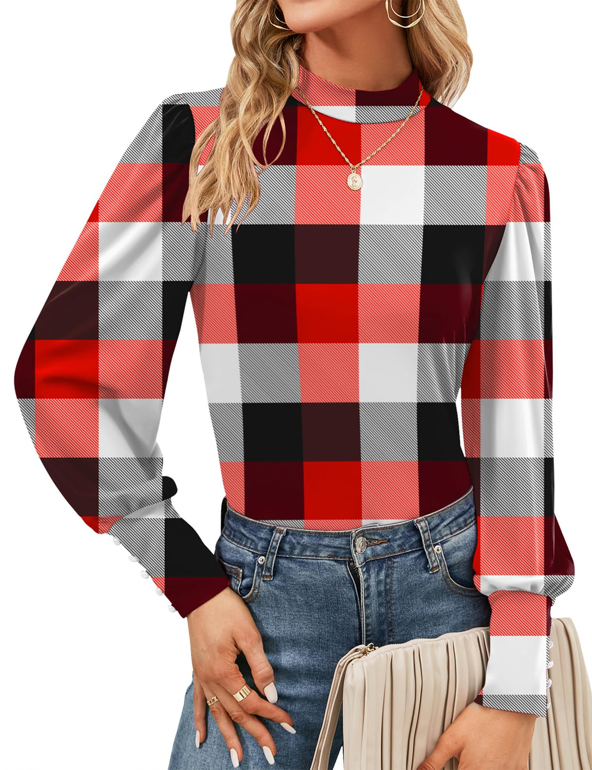Mock Neck Tops for Womens Turtleneck Puff Long Sleeve Shirts Blouses