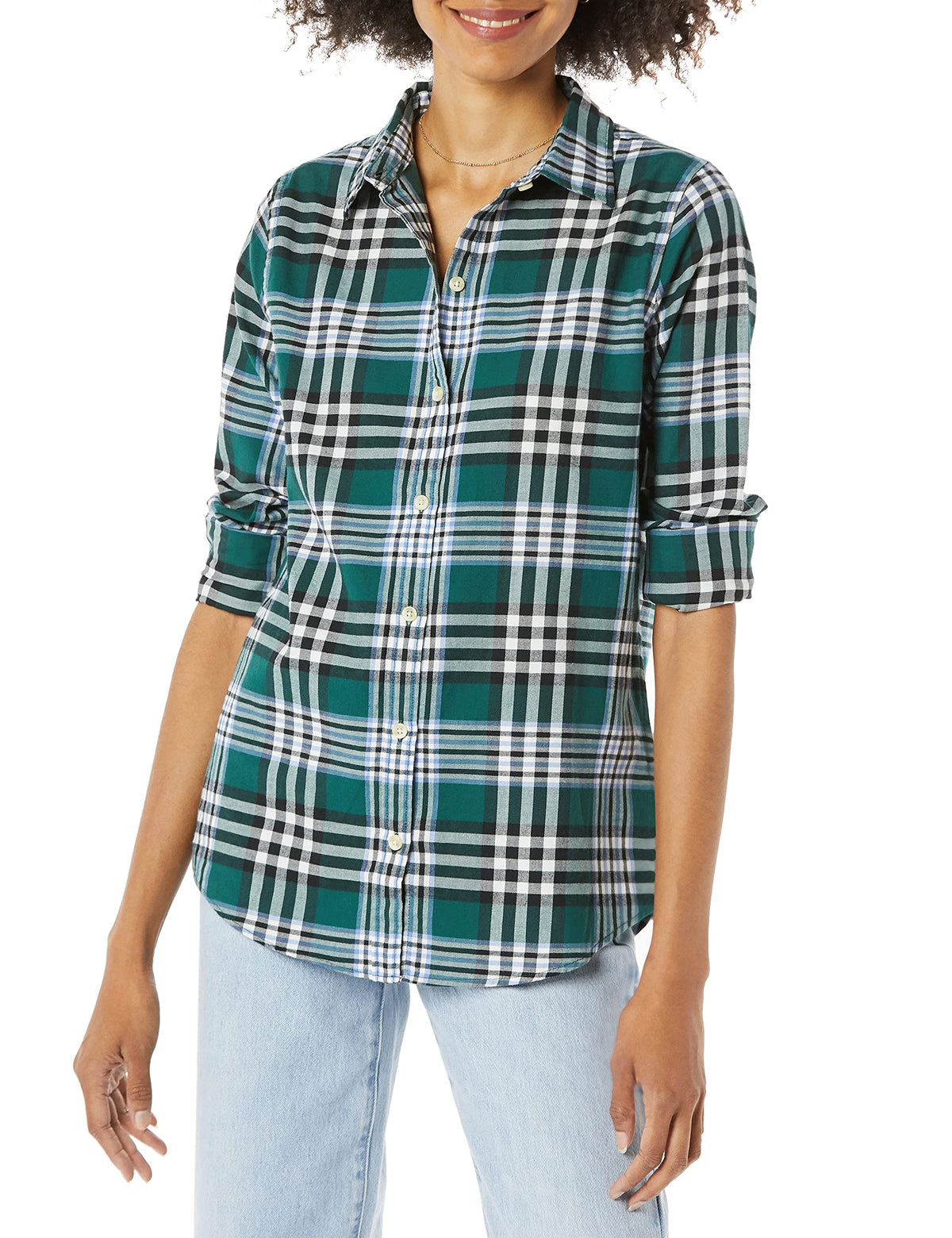 Amazon Essentials Women's Regular-Fit Long-Sleeve Lightweight Cotton Brushed Flannel Shirt