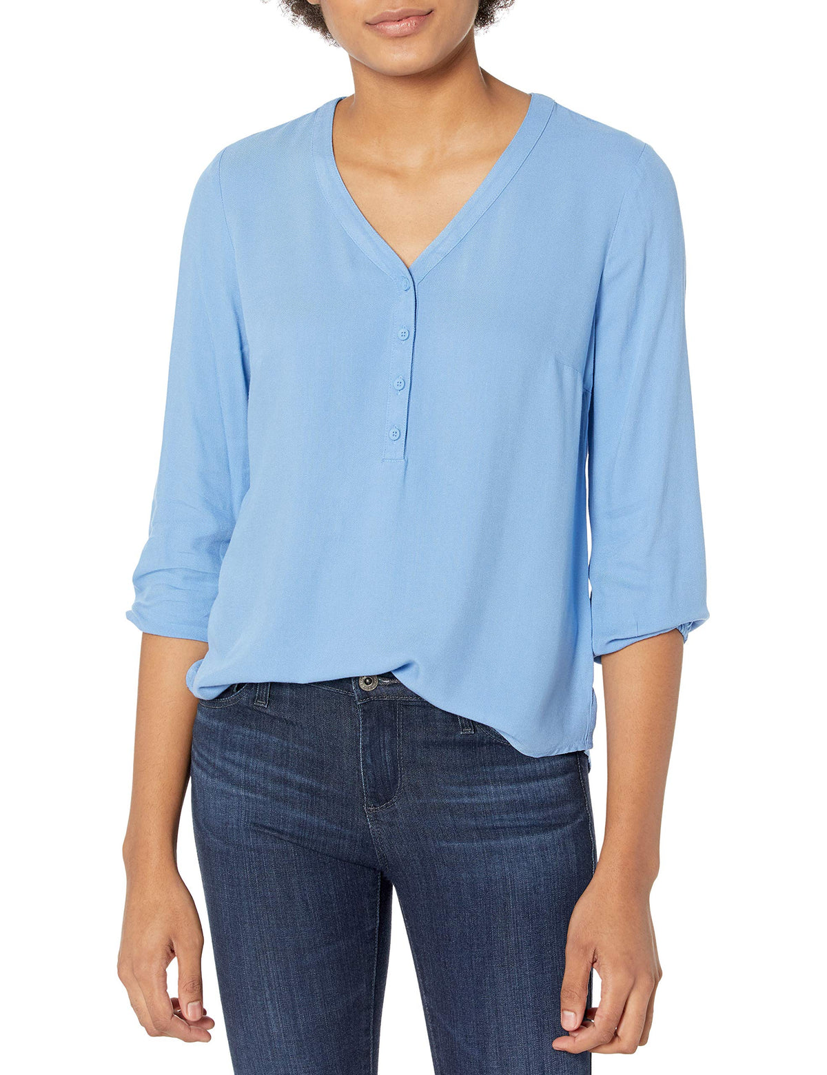 Amazon Essentials Women's 3/4 Sleeve Button Popover Shirt, Loose-Fit V-Neck Blouse, Lightweight