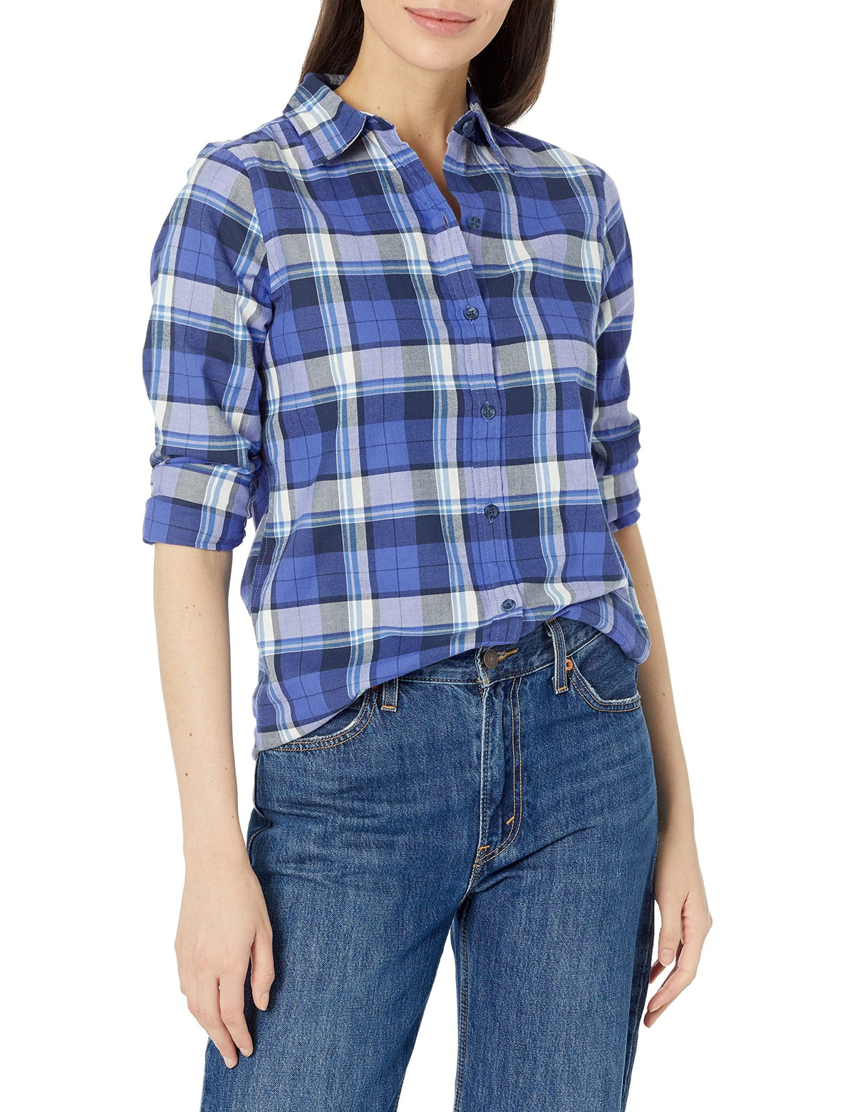 Amazon Essentials Women's Regular-Fit Long-Sleeve Lightweight Cotton Brushed Flannel Shirt