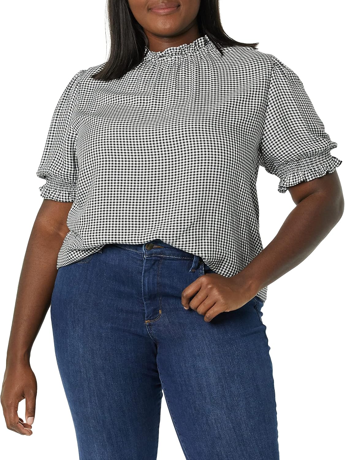 Amazon Essentials Women's Fluid Twill Short Puff Sleeve Ruffle Smocked Shirt