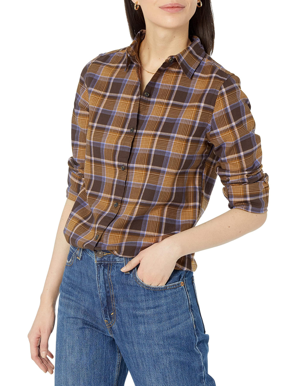 Amazon Essentials Women's Regular-Fit Long-Sleeve Lightweight Cotton Brushed Flannel Shirt