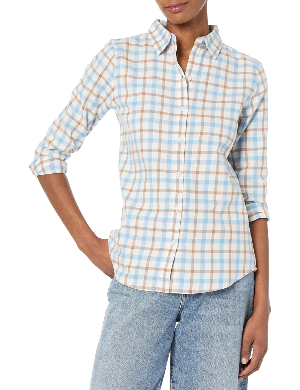 Amazon Essentials Women's Regular-Fit Long-Sleeve Lightweight Cotton Brushed Flannel Shirt
