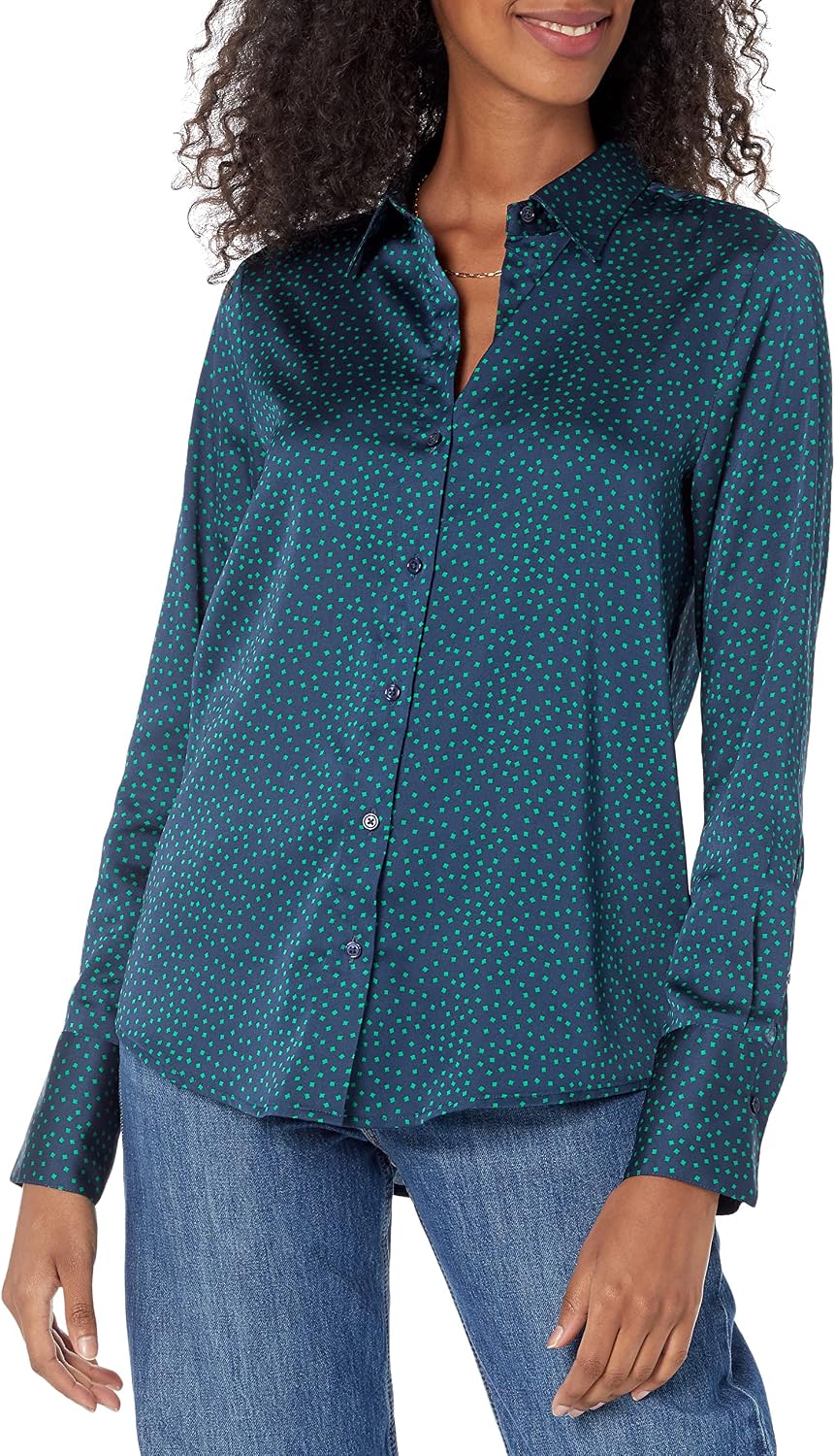 Amazon Essentials Women's Regular-Fit Long Sleeve Satin Button Down Blouse, Dressy Collared Shirt