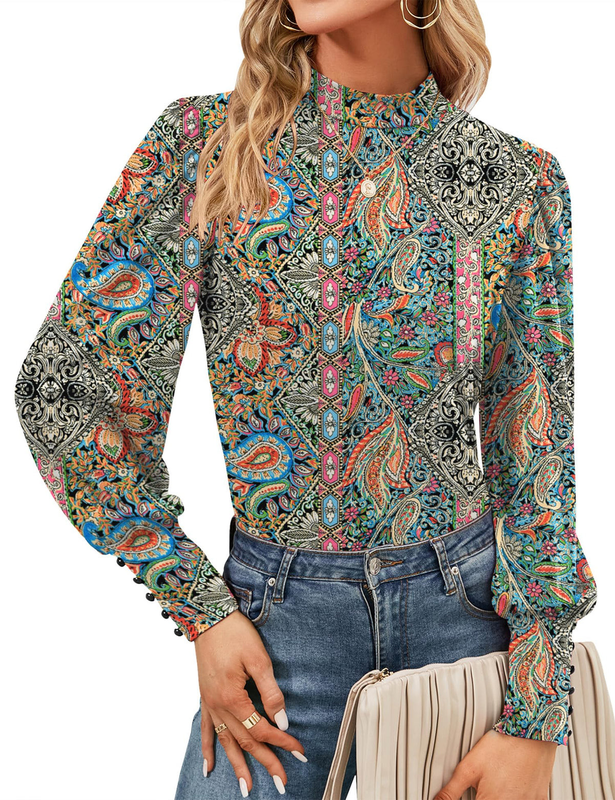 Mock Neck Tops for Womens Turtleneck Puff Long Sleeve Shirts Blouses