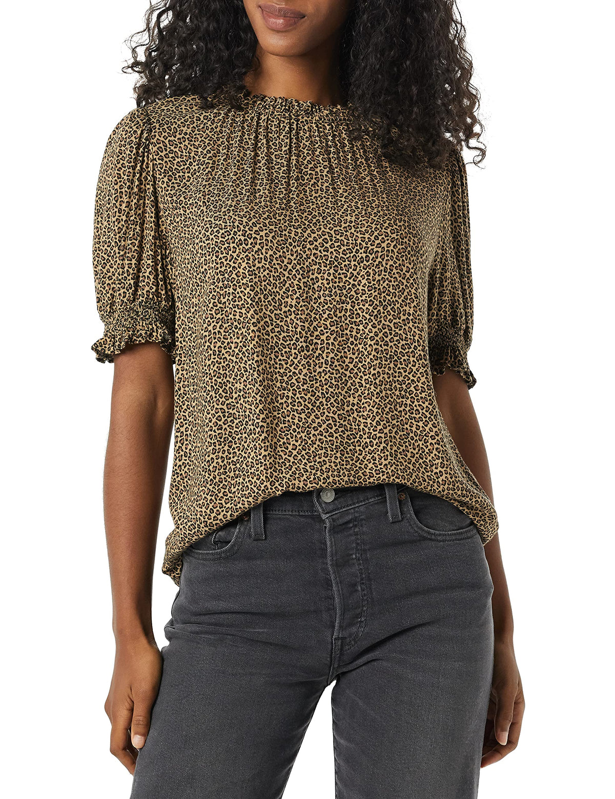 Amazon Essentials Women's Fluid Twill Short Puff Sleeve Ruffle Smocked Shirt