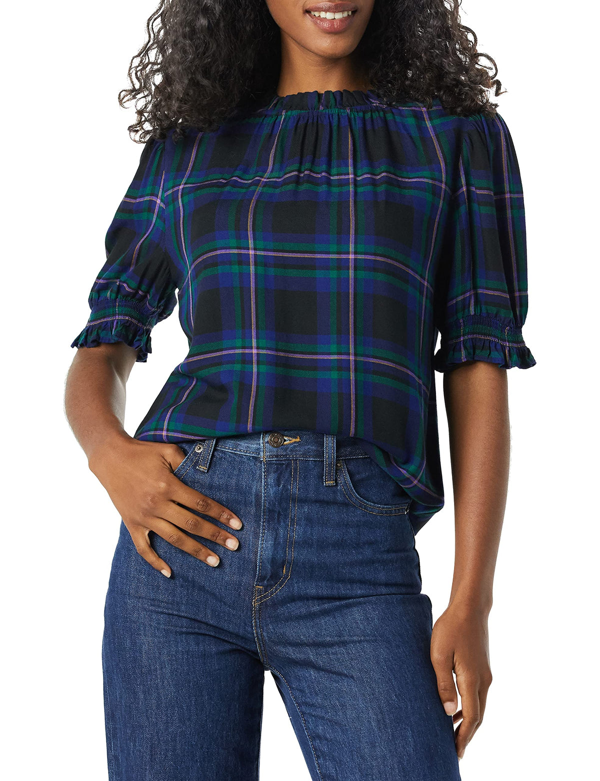 Amazon Essentials Women's Fluid Twill Short Puff Sleeve Ruffle Smocked Shirt