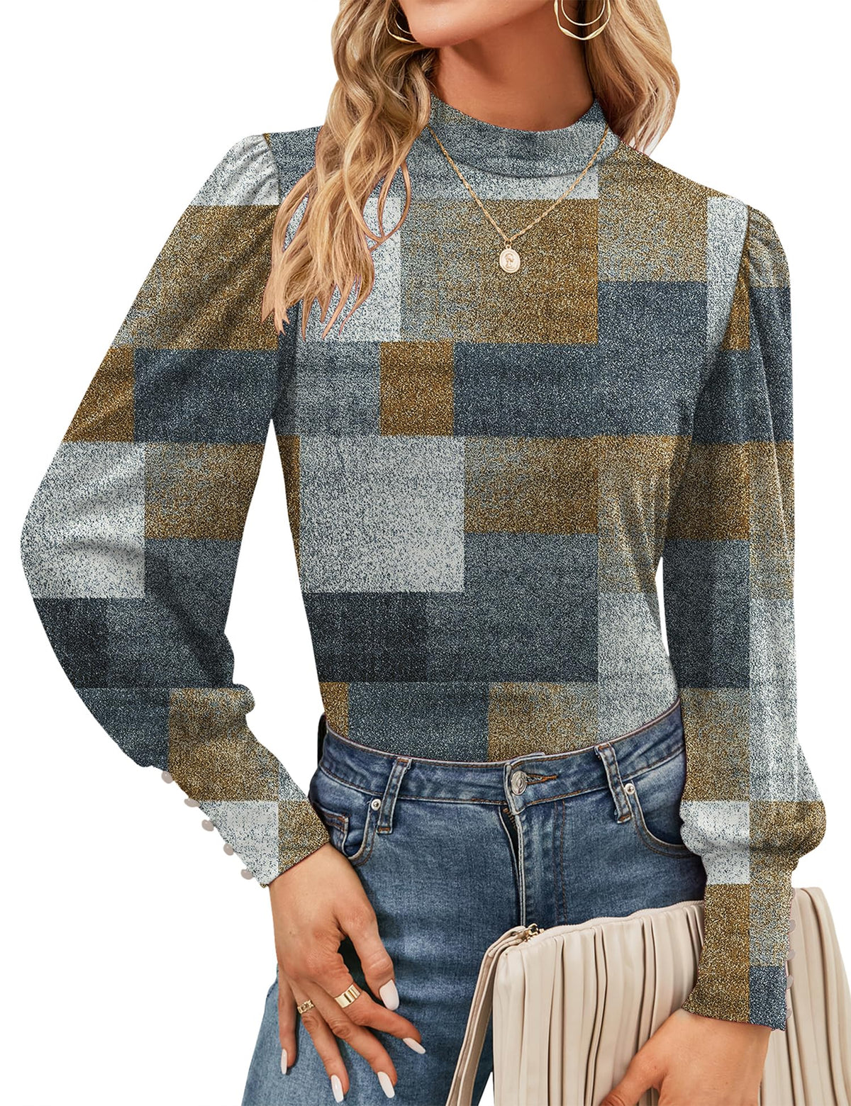 Mock Neck Tops for Womens Turtleneck Puff Long Sleeve Shirts Blouses