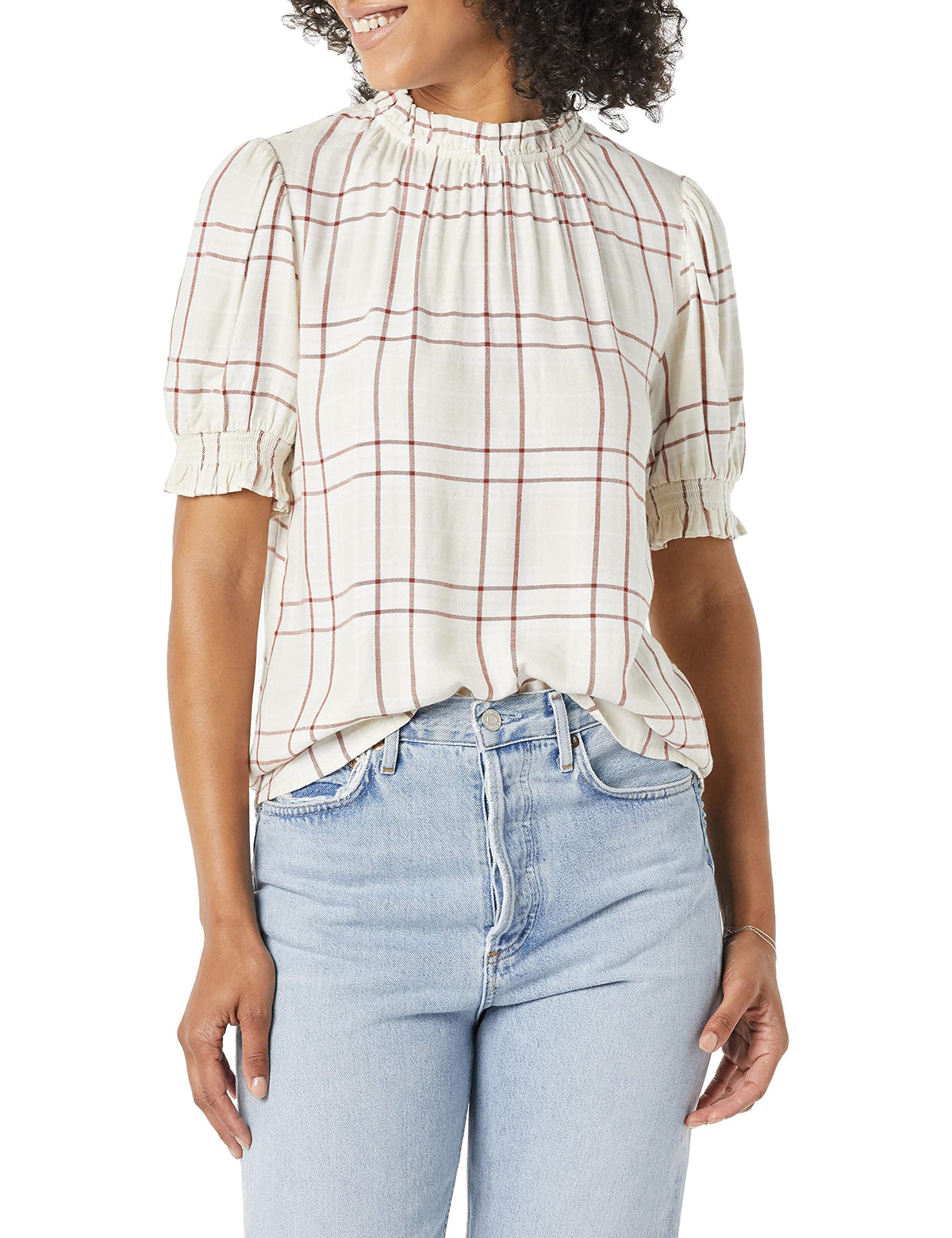 Amazon Essentials Women's Fluid Twill Short Puff Sleeve Ruffle Smocked Shirt