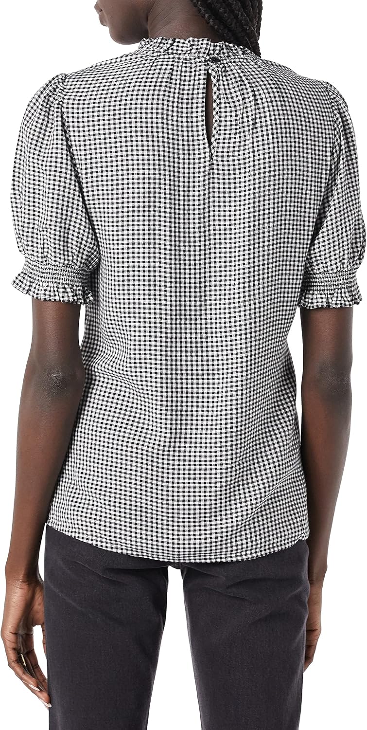 Amazon Essentials Women's Fluid Twill Short Puff Sleeve Ruffle Smocked Shirt