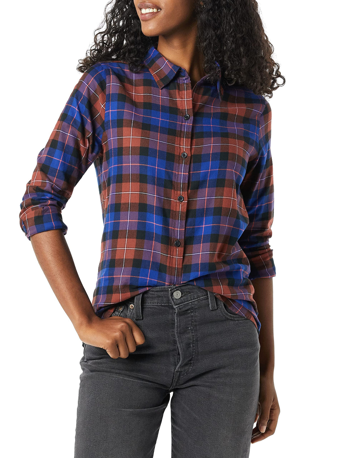 Amazon Essentials Women's Regular-Fit Long-Sleeve Lightweight Cotton Brushed Flannel Shirt