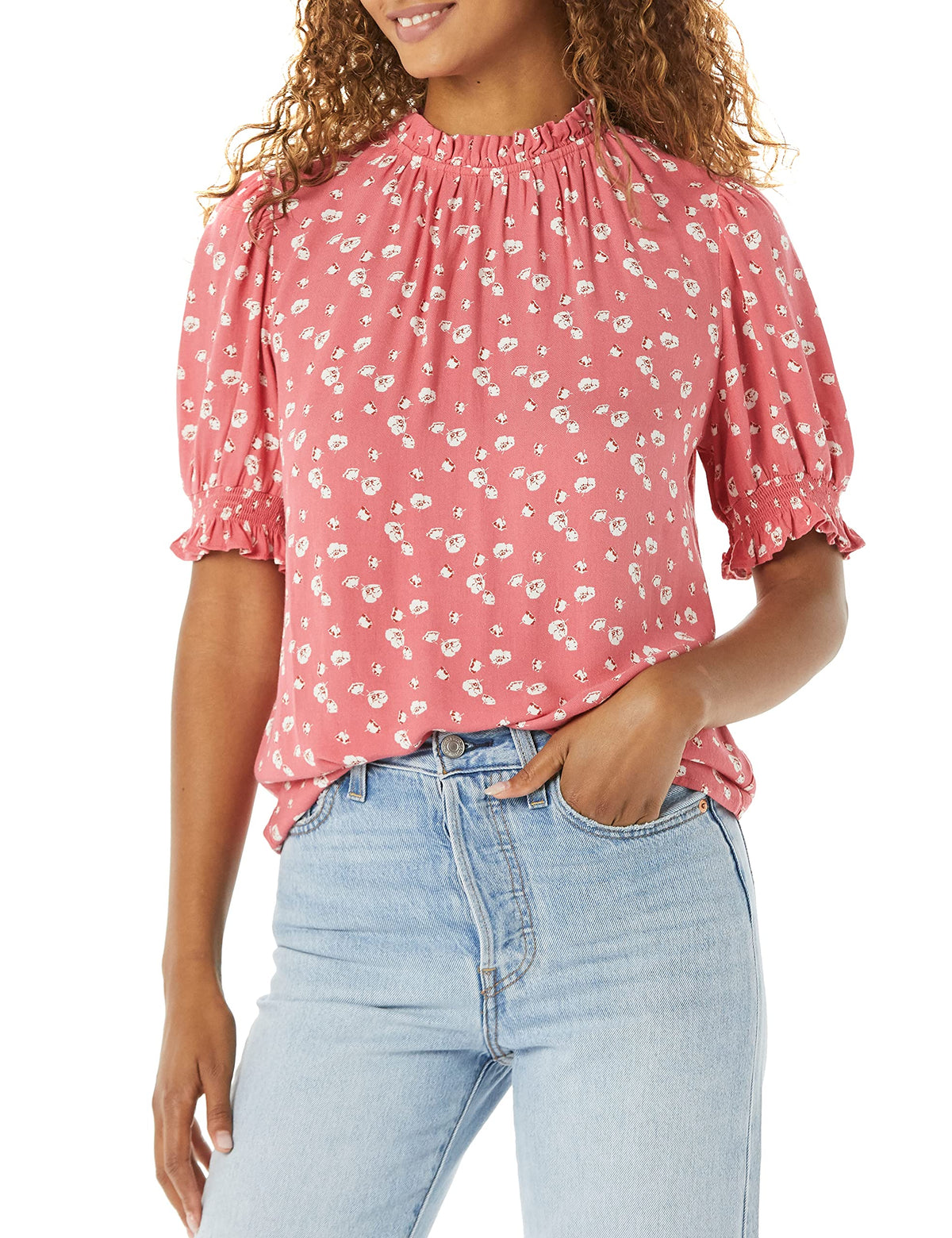 Amazon Essentials Women's Fluid Twill Short Puff Sleeve Ruffle Smocked Shirt