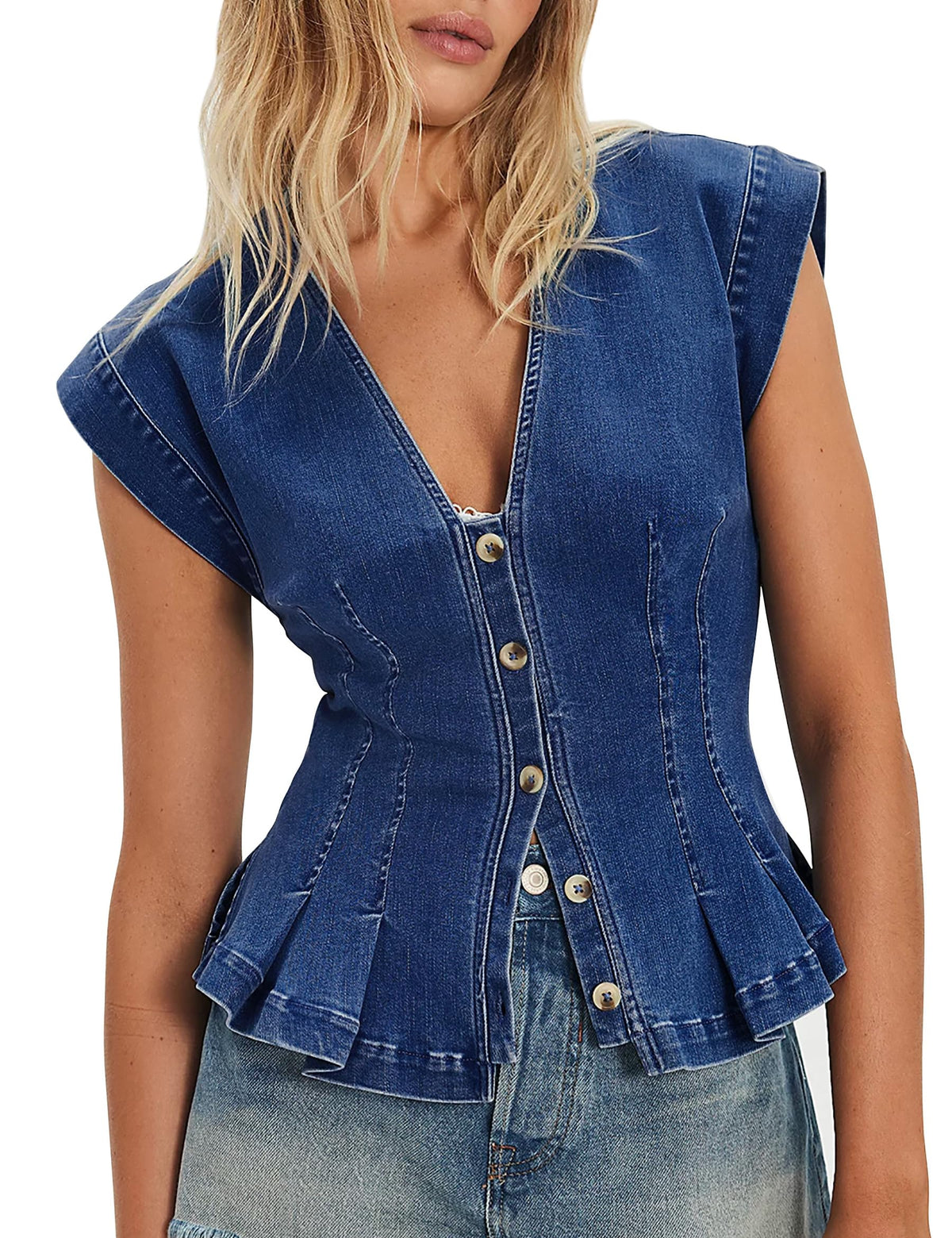 Denim Vest Tops for Women Y2k Pleated Button Down Jean Vests Shirts