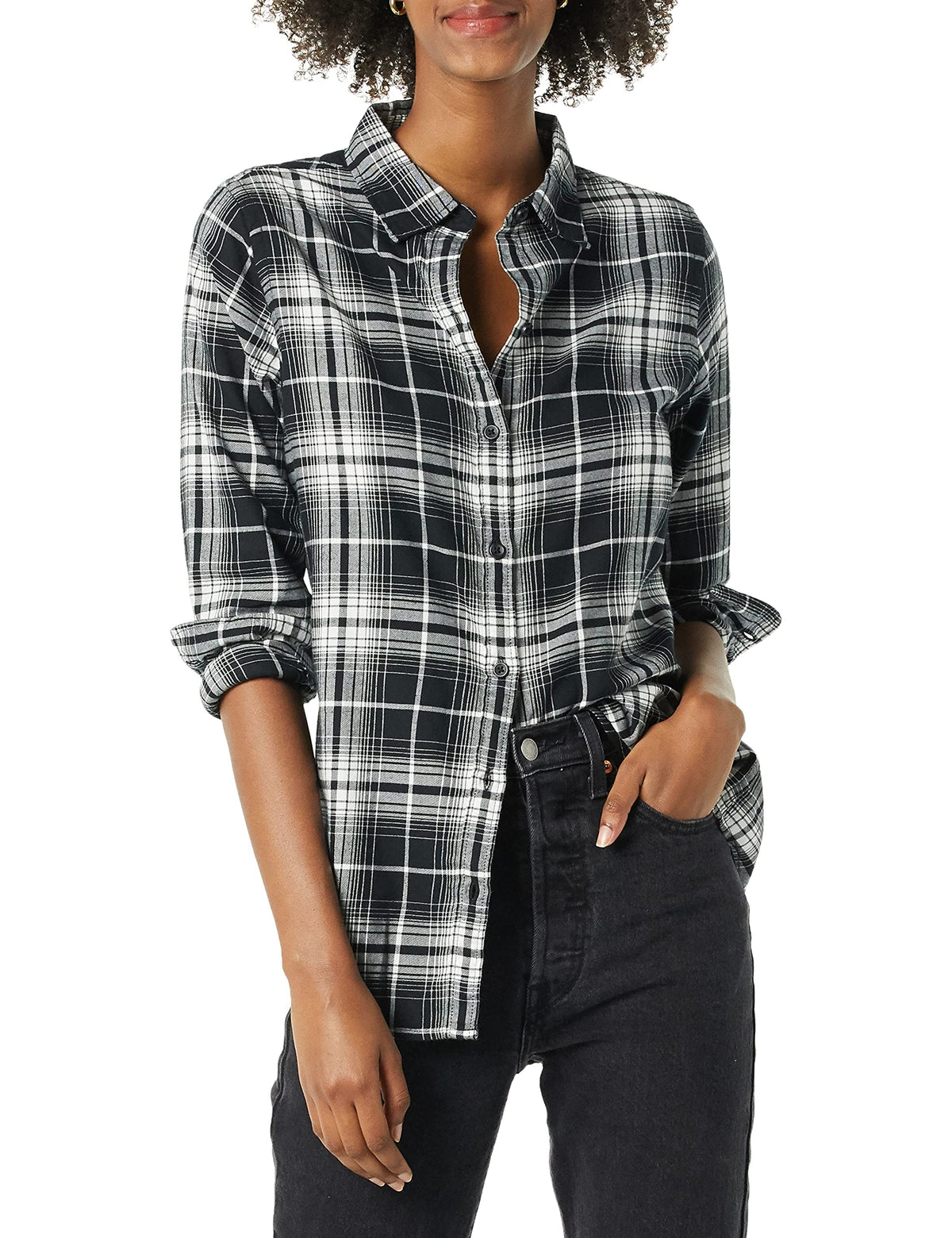 Amazon Essentials Women's Regular-Fit Long-Sleeve Lightweight Cotton Brushed Flannel Shirt