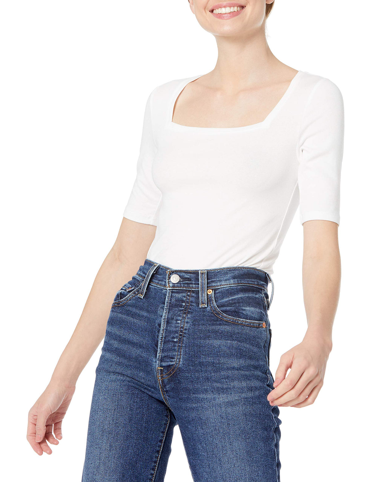 Amazon Essentials Women's Slim Fit Half Sleeve Square Neck Cotton Modal T-Shirt