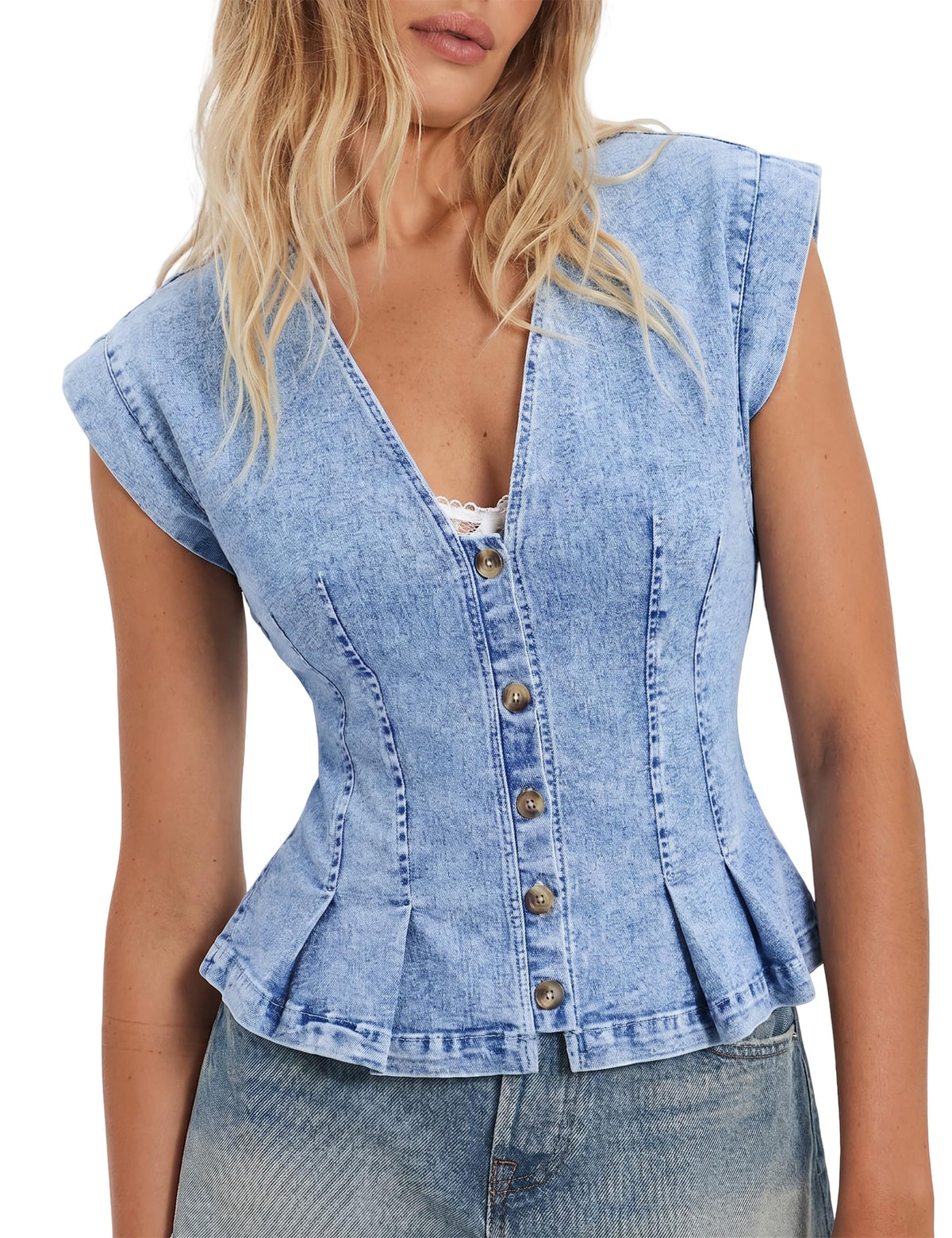 Denim Vest Tops for Women Y2k Pleated Button Down Jean Vests Shirts