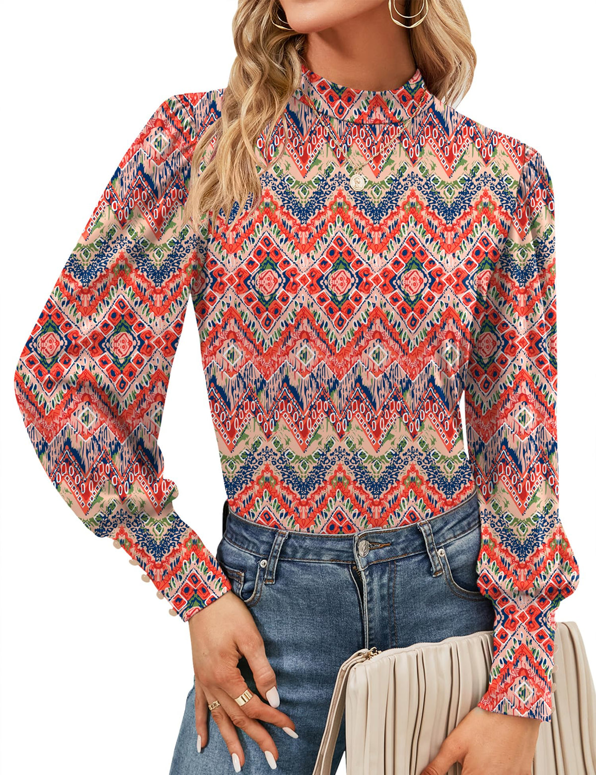 Mock Neck Tops for Womens Turtleneck Puff Long Sleeve Shirts Blouses