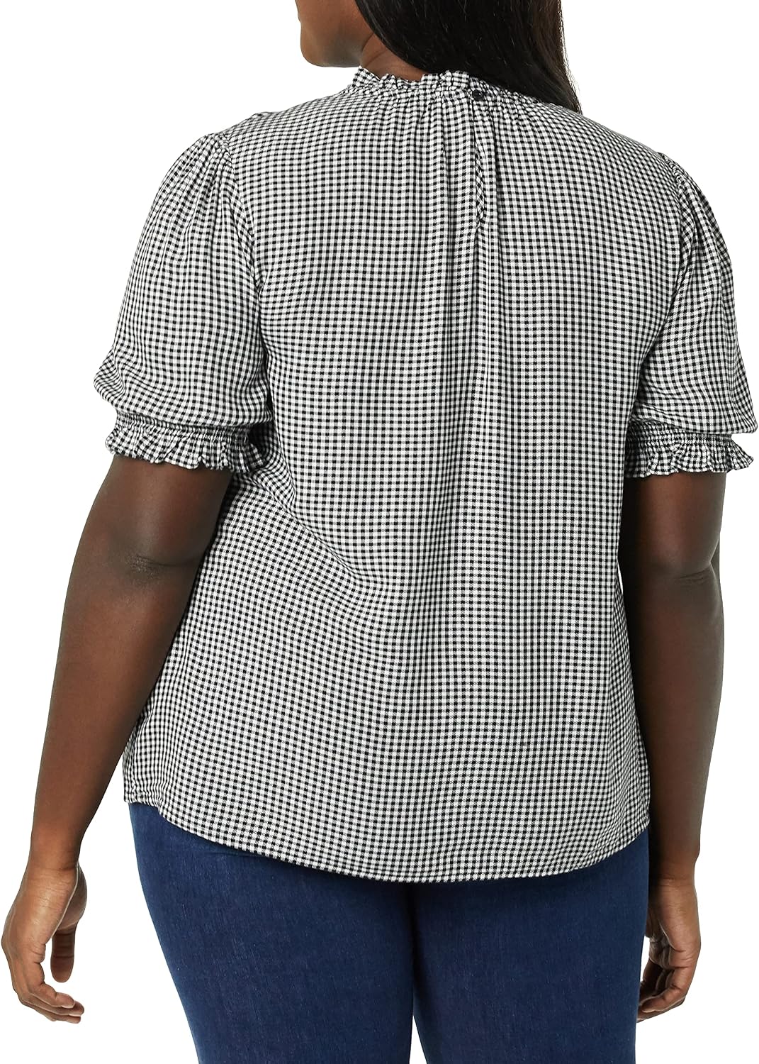 Amazon Essentials Women's Fluid Twill Short Puff Sleeve Ruffle Smocked Shirt