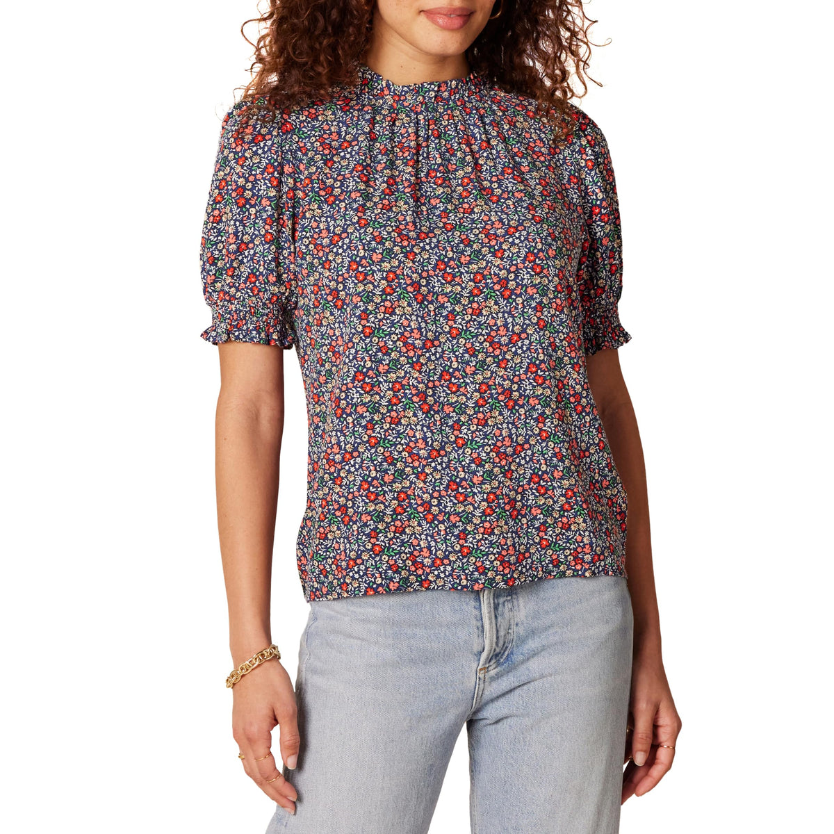 Amazon Essentials Women's Fluid Twill Short Puff Sleeve Ruffle Smocked Shirt