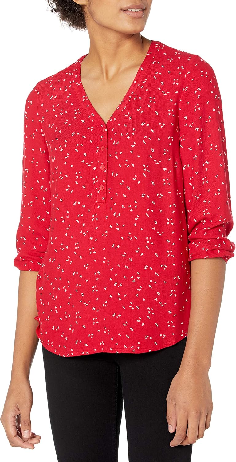 Amazon Essentials Women's 3/4 Sleeve Button Popover Shirt, Loose-Fit V-Neck Blouse, Lightweight