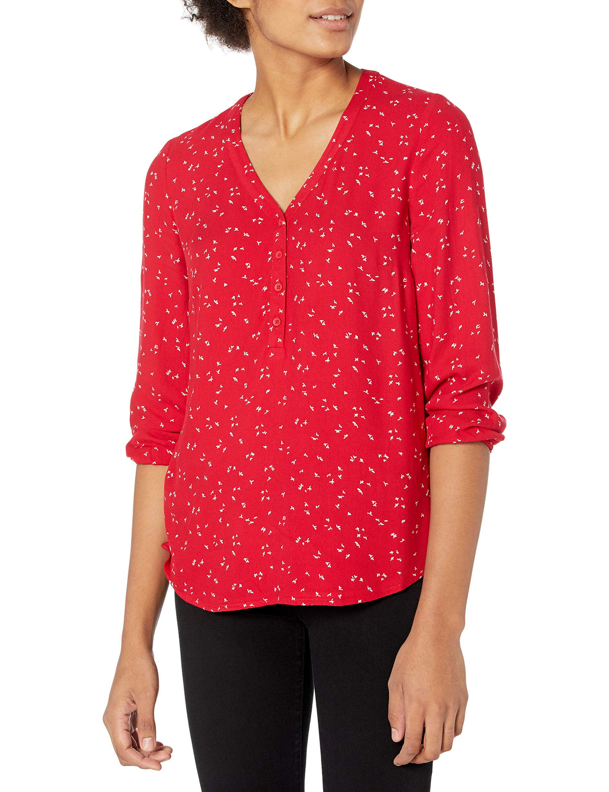 Amazon Essentials Women's 3/4 Sleeve Button Popover Shirt, Loose-Fit V-Neck Blouse, Lightweight