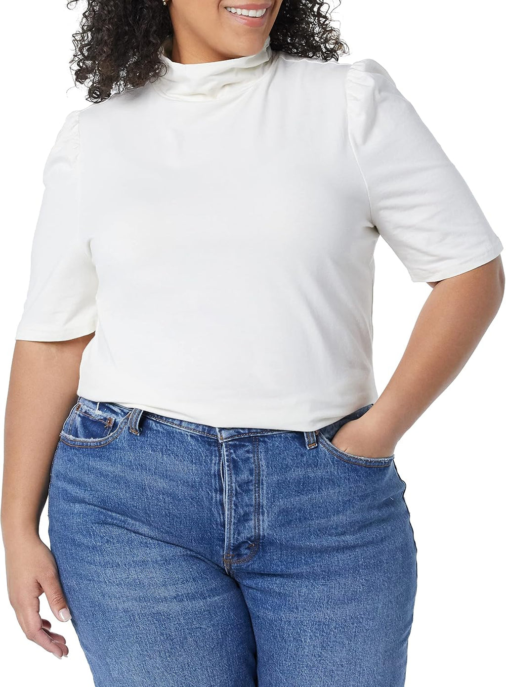 Amazon Essentials Women's Cotton Modal Draped Puff Sleeve Turtleneck Top, Navy, Regular Fit