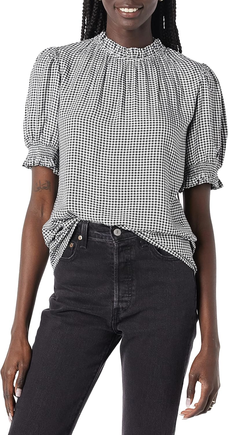 Amazon Essentials Women's Fluid Twill Short Puff Sleeve Ruffle Smocked Shirt