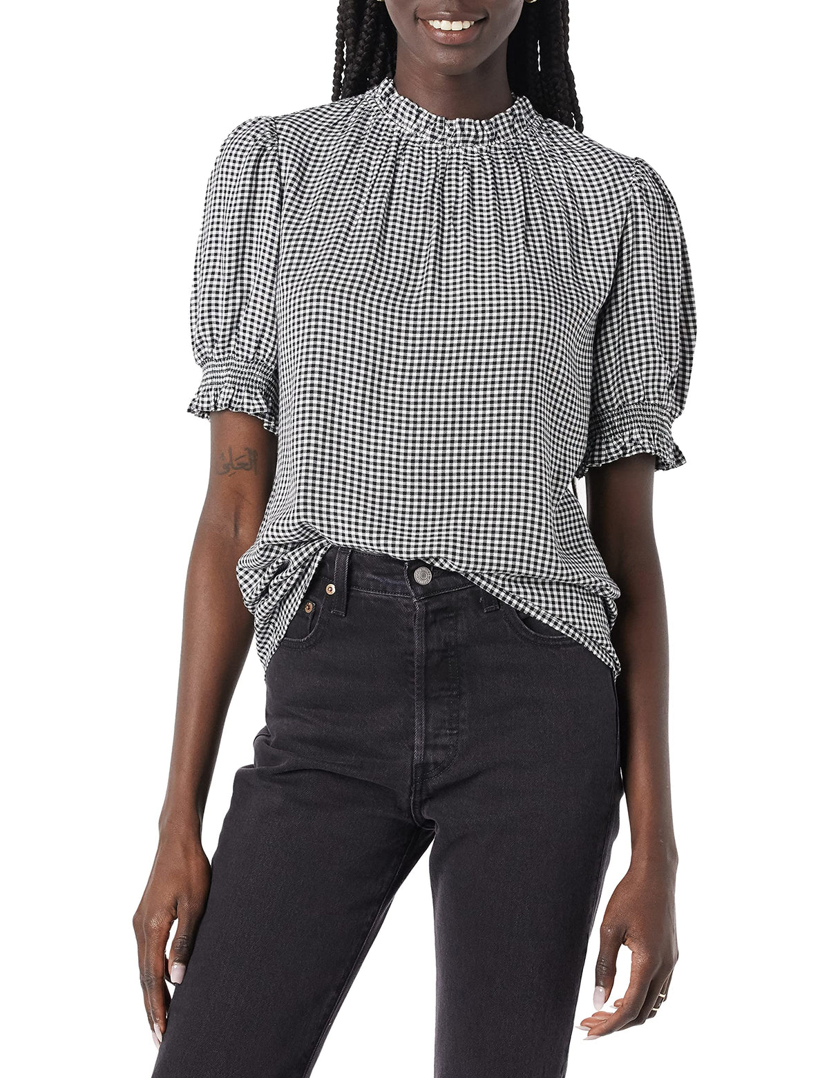 Amazon Essentials Women's Fluid Twill Short Puff Sleeve Ruffle Smocked Shirt