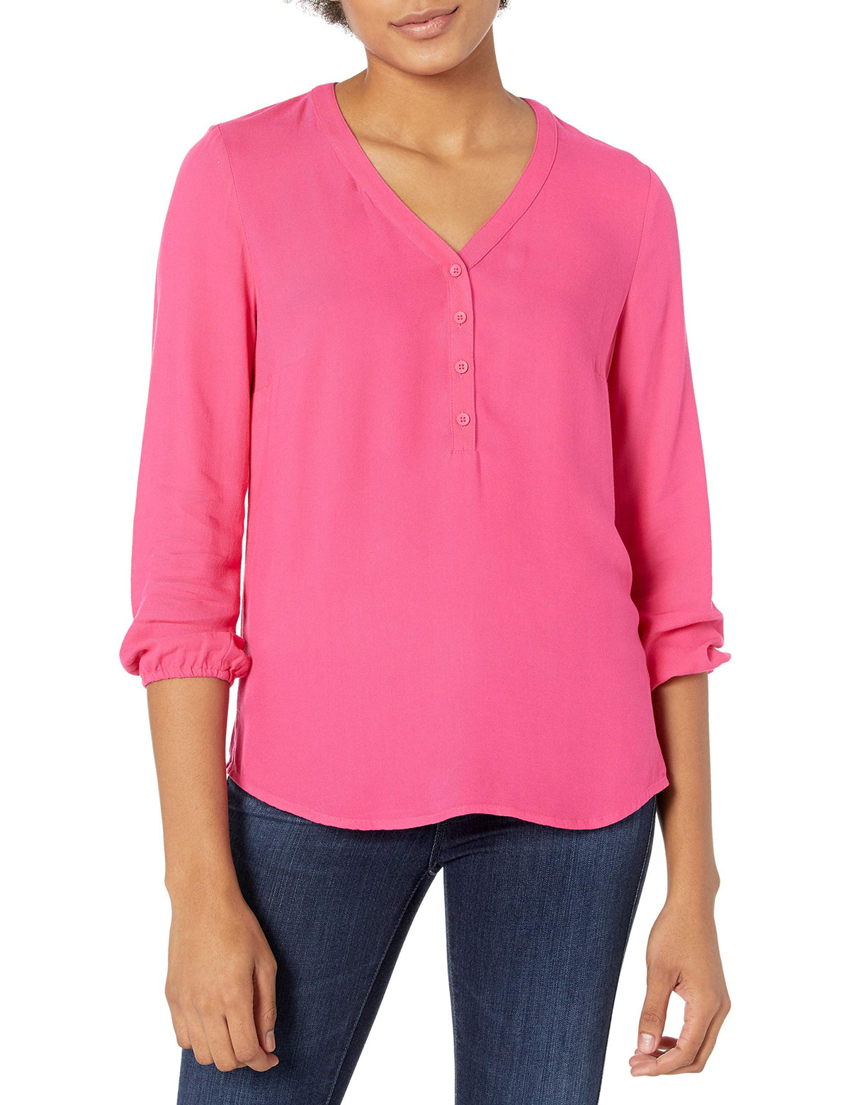 Amazon Essentials Women's 3/4 Sleeve Button Popover Shirt, Loose-Fit V-Neck Blouse, Lightweight